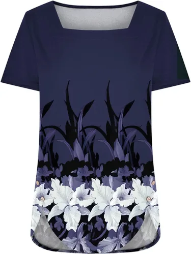 Vista 4 de Womens Summer Tops Boho Floral Print Tunic Side Split Button Down Short Sleeve Square Neck Shirts Spring Blouses