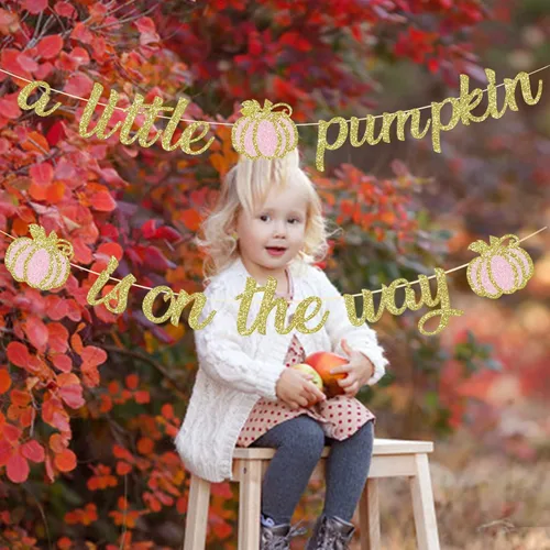 Vista 3 de Cartel dorado con purpurina de una pequeña calabaza y decoración para tartas, decoraciones de baby shower para niñas, suministros de fiesta