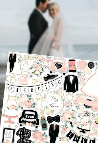 Vista 4 de Calcomanías de boda para álbumes de recortes, adorno romántico con vestido, pastel, diseño de flores, calcomanías para despedida de soltera, álbum