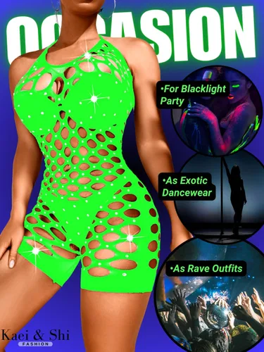 Vista 4 de Kaei&Shi Body brillante de red con diamantes de imitación, trajes de rave, lencería halter Verde oscuro