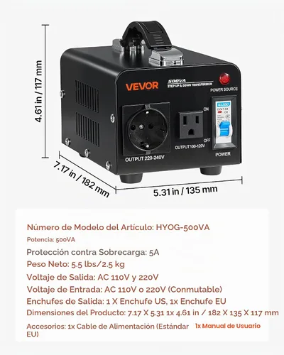 Vista 7 de VEVOR Transformador convertidor de voltaje, 500 VA, transformador de potencia elevador/abajo de servicio pesado, convertir de 110 V a 220 V y 220 V