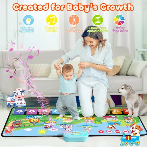 Vista 5 de MOMUSE Tapete Musical de Piano con 80 Sonidos, Manta de Juego Táctil Grande de Animales y Autos, Alfombra Musical para Niños Pequeños de 1-3, Tapete