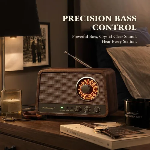 Vista 12 de Radio Bluetooth AM FM de madera vintage, sonido potente de 10 W