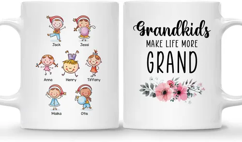 Vista 19 de Gossby Taza personalizada – GRANDKIDS MAKE LIFE MORE GRAND (1 niño) – Taza de café de cerámica de 11 onzas y 15 onzas para abuelos/abuelos – Idea