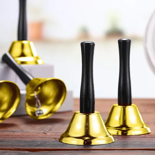 Vista 4 de Fumete 100 campanas de metal para cenar de boda, servicio de cena, llamada, campanas de acero con mango de madera para decoraciones de boda