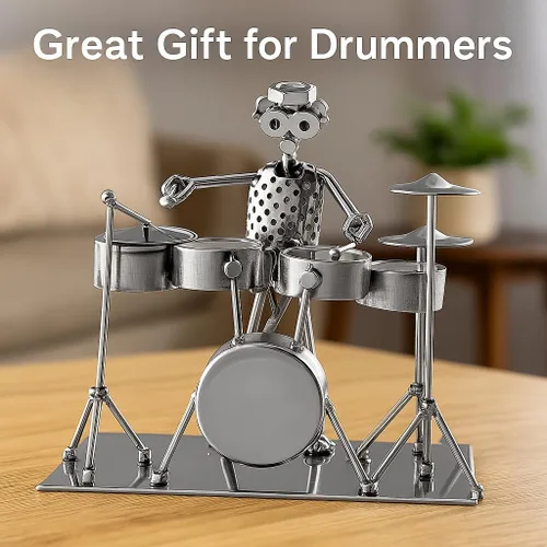 Vista 5 de Figura de batería de metal plateado de 7 pulgadas, músico Steampunk Regalo de batería hecho a mano en tono plateado para músicos y bateristas