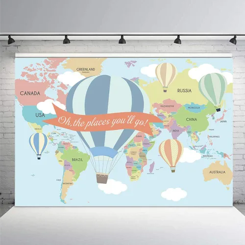 Vista 3 de MEHOFOND Mapa de viaje, decoración de fiesta de cumpleaños, telón de fondo de viaje alrededor del mundo, globo aerostático Oh The Places You Will Go