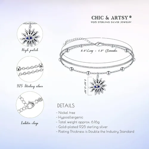 Vista 15 de CHIC & ARTSY Tobilleras delicadas de plata de ley S925 para verano, pulsera de tobillo ajustable multicapa para playa, joyería de pie para mujer