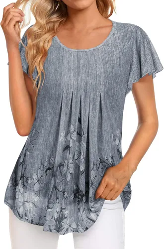 Vista 2 de Timeson Blusa de manga corta para mujer, diseño floral, doble capa, informal, elegante