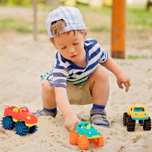 Vista 2 de B. toys – Coches de juguete de plástico – 6 – Paquete y bolsa de almacenamiento – Camiones coloridos para niños pequeños – Fácil de limpiar – Más