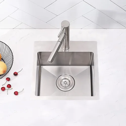 Vista 6 de SHACO Fregadero de barra de 15 x 15 pulgadas, fregadero de cocina pequeño de acero inoxidable de 15 pulgadas, fregadero de cocina pequeño de un solo