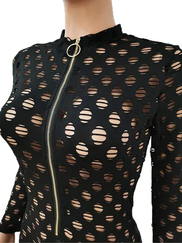 Vista 5 de Uni Clau - Overol de una pieza para mujer, de malla, de manga larga, transparente, fiesta