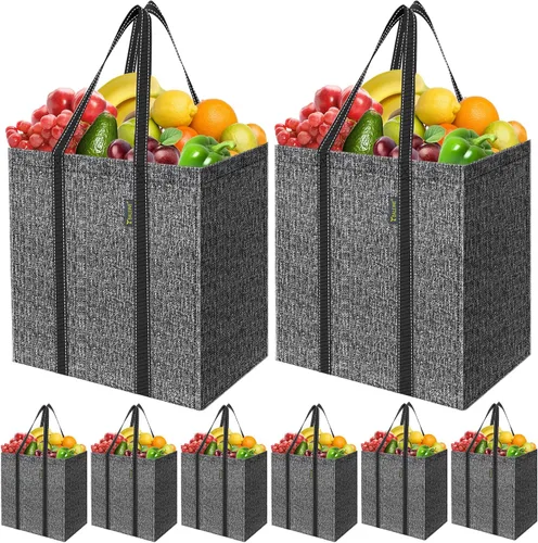 Vista 23 de BALEINE Paquete de 2 bolsas de comestibles reutilizables con parte inferior reforzada, bolsas plegables resistentes (follaje antiguo)