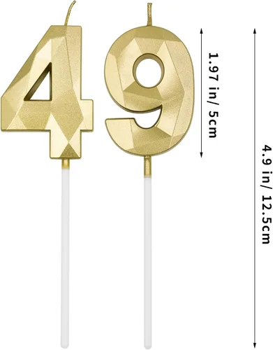 Vista 2 de Velas de cumpleaños número 49 y 94 para pastel, velas doradas con forma de diamante 3D con forma de diamante, decoraciones de cumpleaños