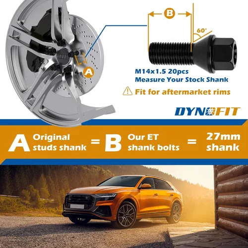 Vista 4 de Dynofit - Pernos de 14x1.5 compatibles con Audi, vástago de 27mm, 52mm de alto, pernos de rueda cónicos de asiento aftermarket para A1 A2 A3 A4 A8