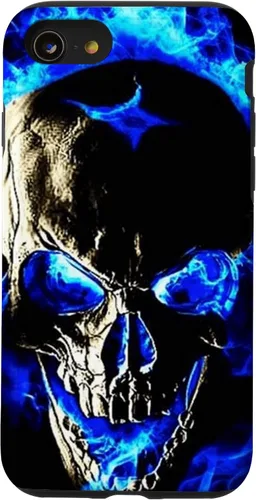 Vista 13 de iPhone 15 cabeza de calavera con fuego azul esqueleto gótico amantes decoración caso