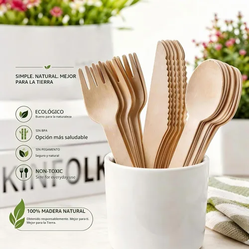 Vista 7 de Juego de 500 tenedores de madera desechables, alternativos a los tenedores de plástico y bambú, ecológicos, biodegradables y compostables, juego