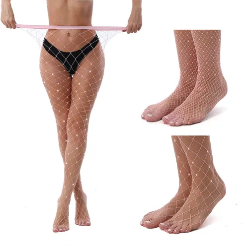 Vista 5 de VEBZIN 2 Pack Sparkly Large And Medium Mesh Fishnet Tights For Women Sexy Glitter Rhinestone Fishnets Stockings