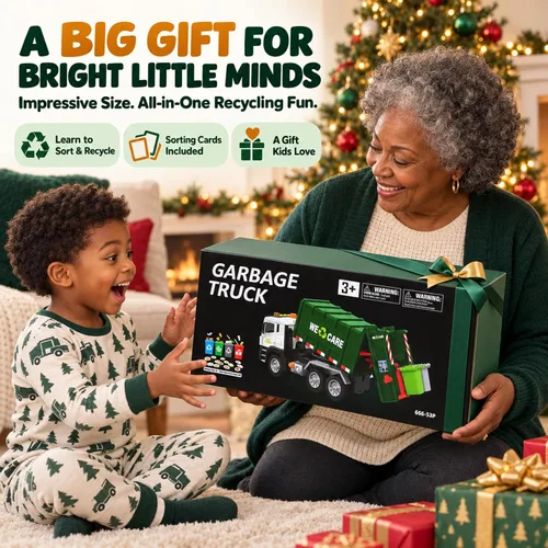 Vista 8 de 12" Garbage Truck Toy for Kids Ages 3-8, Large Trash Truck Vehicle