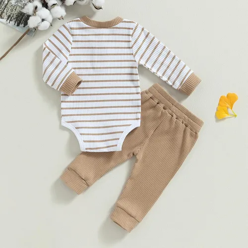 Vista 7 de Ropa de bebé recién nacido, ropa de punto acanalado, manga larga, pantalones de algodón sólido, trajes de otoño e invierno, 2 piezas