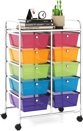 Vista 11 de LDAILY Carrito de almacenamiento con ruedas de 9 cajones, carrito rodante con cajones para aula, organizador de manualidades con ruedas con marco