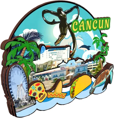 Vista 2 de Imán de nevera Cancún México Colección de madera 3D Madera Hecho a mano Recuerdos de la ciudad de viaje, imán para nevera Decoración del Hogar