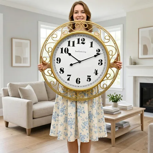 Vista 12 de SwallowLiving 20 Inch Large Metal Wall Clock – Modern Minimalist Decorative Silent Non-Ticking Hanging Clock with Gold Accent Scrollwork Design for