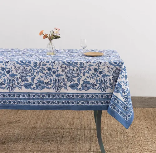 Vista 17 de Labhanshi Mantel rectangular de 6 plazas de algodón prelavado con estampado indio a mano, 60 x 90 pulgadas, diseño floral de algodón prelavado