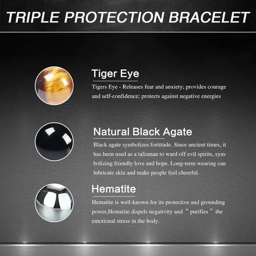 Vista 4 de DHQH Triple Protection Bracelet 8/10MM Hematite Black Agate Tigers Eye Stone Bracelet Crystal Jewelry Healing Bead Bracelets for Men Bring Luck