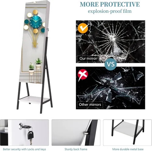 Vista 6 de Ylued Espejo de longitud completa de 47.2 pulgadas de alto con almacenamiento de joyas, espejo iluminado LED, armario de joyería, organizador