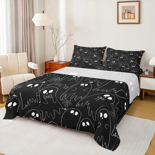 Vista 2 de Feelyou Juego de sábanas de fantasma negro para niños y niñas, tamaño individual, juego de sábanas de fantasma de calavera para niños, mujeres
