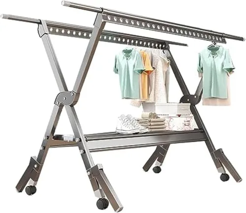 Vista 8 de Multi-Purpose Laundry Drying Rack Foldable, Stainless Steel Clothes Drying Stand with Adjustable Rods, Ideal for Indoor Outdoor Use