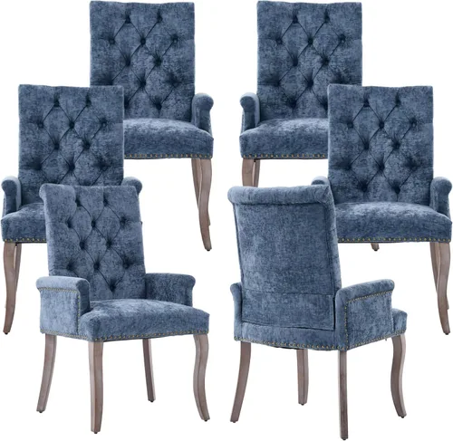 Vista 28 de Sillas de Comedor Tapizadas Acolchadas de Chenilla con Brazos y Ribete de Tachuelas – Marco y Patas de Madera Maciza, Estilo Granja Moderna
