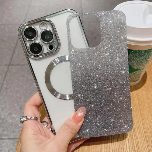 Vista 2 de Funda magnética Gardient con purpurina para iPhone 15 Pro Max, bonita funda chapada compatible con MagSafe para mujeres y niñas, protector de cámara