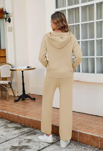 Vista 5 de Pink Queen Conjunto de suéter de 2 piezas para mujer, sudadera de gran tamaño, sudadera con capucha y pantalones de pierna ancha, sudadera de punto