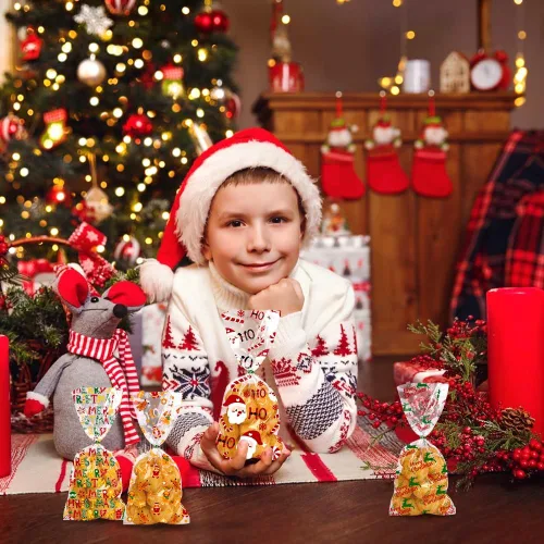 Vista 7 de DULEFUN 160 bolsas de celofán de Navidad, 8 estilos, transparentes para dulces, galletas, golosinas, bolsas de celofán con lazos de torsión