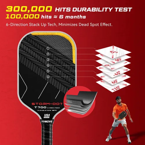 Vista 3 de YVmove 16mm Kevlar T700 Carbon Fiber Pickleball Paddle, USAPA Approved Raw Carbon Texture for Exceptional Spin Explosive Power & Consistent Shot