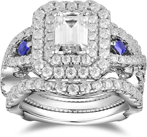Vista 2 de DovEggs 3.26ct Total 5x7mm G-H-I Color Emerald Cut Moissanite Antqiue Double Halo Engagement Ring Moissanite&Blue Sapphire Accents Curved Enhancer