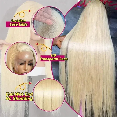 Vista 2 de FTQZKEY 613 13x6 Lace Front Wig Human Hair 22 Inch Blonde Straight Human Hair Wig 220 Density Blonde Straight Lace Frontal Wig Pre Plucked With Baby