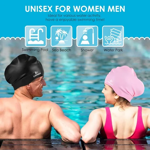 Vista 7 de Large Long Hair Swim Cap with Extra Room for Women Men, Silicone Swimming Cap for Long Thick Hair with Ear Plugs Nose Clip Set, Adult Waterproof