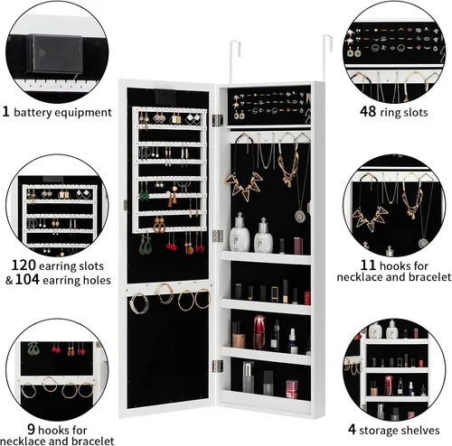 Vista 3 de HollyHOME Armario de joyería con espejo de longitud completa montaje en pared pantalla táctil inteligente luz LED espejo organizador de gabinete