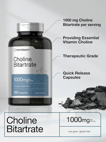 Vista 3 de Horbaach Suplemento de bitartrato de colina 1000 mg 250 cápsulas Alta potencia Sin OMG, sin gluten