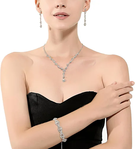 Vista 2 de Udalyn - Juego de joyas de dama de honor con diamantes de imitación para mujer, collar y aretes para boda con pulsera de cristal