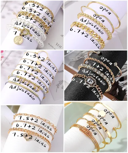 Vista 7 de IFKM Juego de 6 pulseras de cadena de oro bohemio para mujer, chapado en oro de 14 quilates, múltiples capas, apilables, abiertas, con eslabones