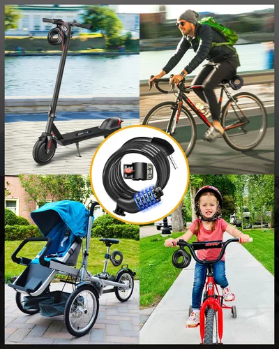 Vista 5 de KEYSTP Cable de bloqueo de bicicleta de 5 dígitos, cerradura de bicicleta de combinación reajustable resistente, antirrobo con soporte de montaje