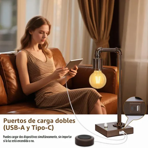 Vista 3 de Lámpara de mesa industrial para dormitorio, lámpara de noche completamente regulable con puertos USB C+A, lámpara vintage con diseño de tubo