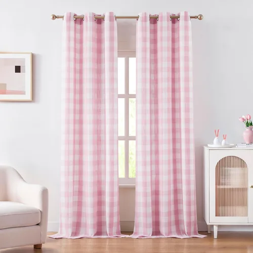 Vista 17 de Amzdecor Cortinas a cuadros con ojales de búfalo de 54 pulgadas de largo, cortinas texturizadas semitransparentes para sala de estar, dormitorio