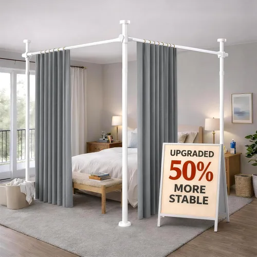 Vista 18 de Juego de cortinas divisoras de habitación, sin taladro, con barra retráctil, sin herramientas, para dormitorio, color beige, 100 pulgadas de ancho x