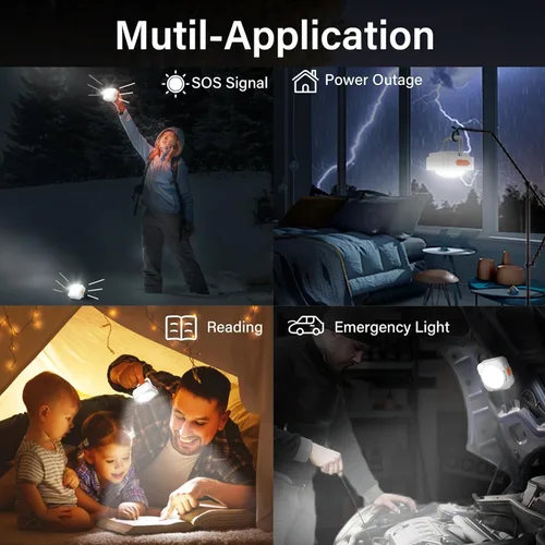 Vista 6 de Luces de campamento recargables FLY2SKY 2 piezas de luces blancas de tienda de campaña mini linterna portátil LED linterna de campamento
