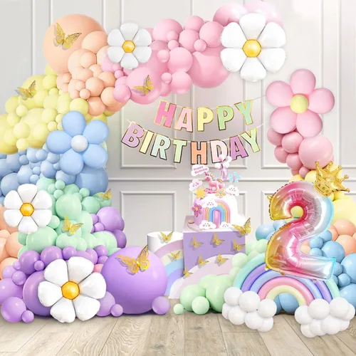 Vista 11 de Decoraciones de primer cumpleaños para niña, 219 margaritas para primer cumpleaños, kit de arco de globos pastel, pancarta de feliz cumpleaños